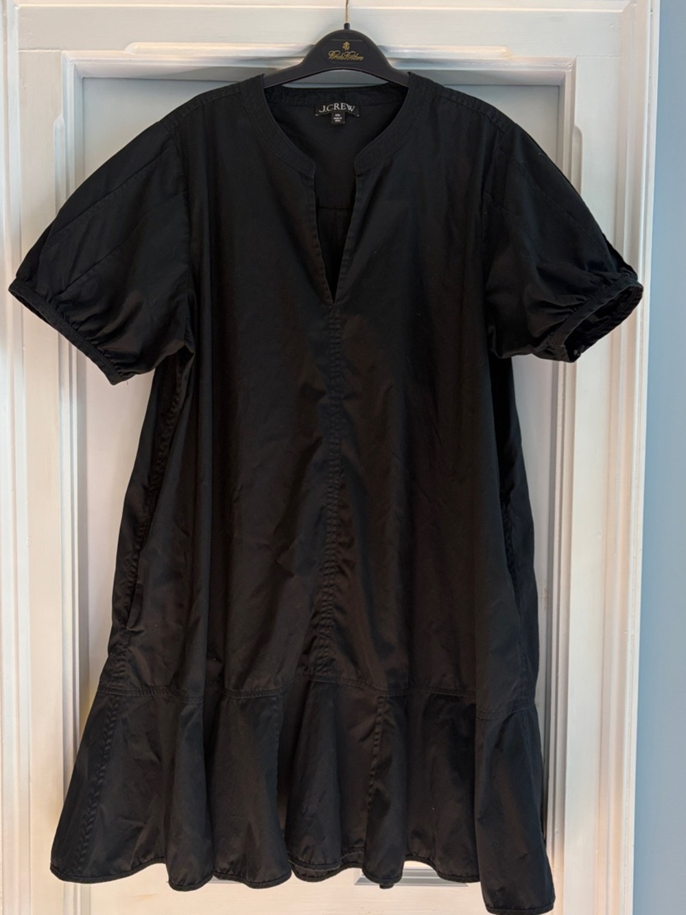 J. Crew Black Short-Sleeve Split-Neck Dress with Flared Hem